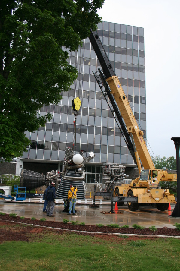 Placing J-2 rocket engine on throat support during Installation of Building 4200 Engines (May 13, 2008) at Marshall Space Flight Center Engine Displays