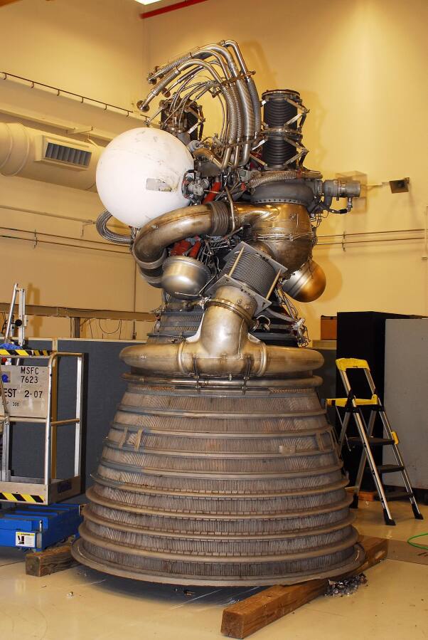 J-2 rocket engine prior to painting during Building 4200 J-2 Engine Prep (Nov 2007-Jan 2008) at Marshall Space Flight Center Engine Displays