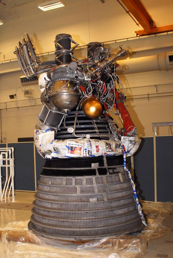 J-2 rocket engine in the process of being painted during Building 4200 J-2 Engine Prep (Nov 2007-Jan 2008) at Marshall Space Flight Center Engine Displays