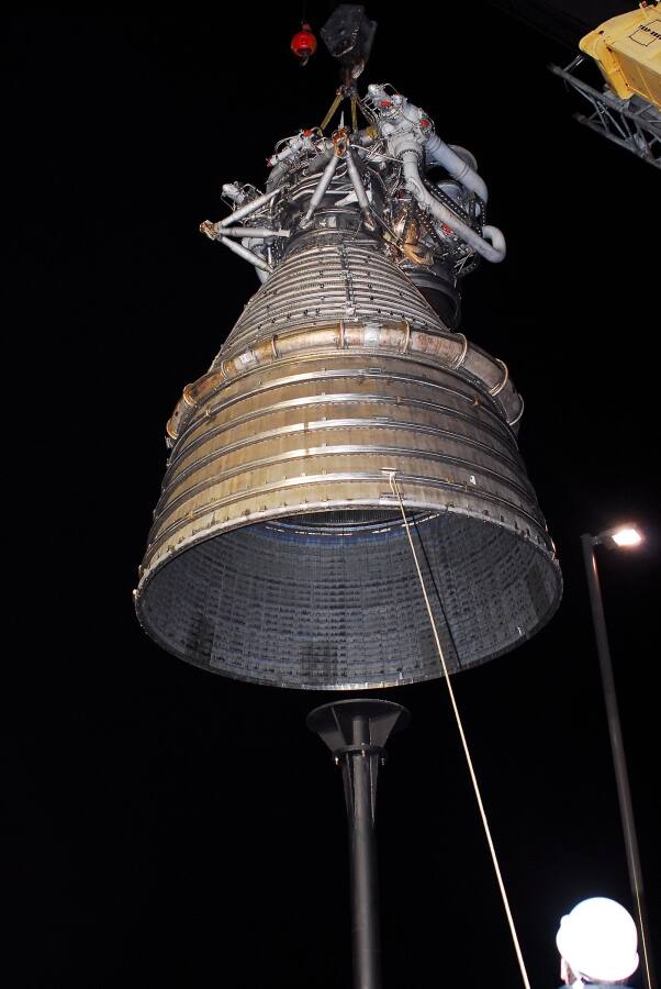 Lifting the F-1 rocket engine onto its throat support during F-5036 Fit Test (March 6, 2008) at Marshall Space Flight Center Engine Displays
