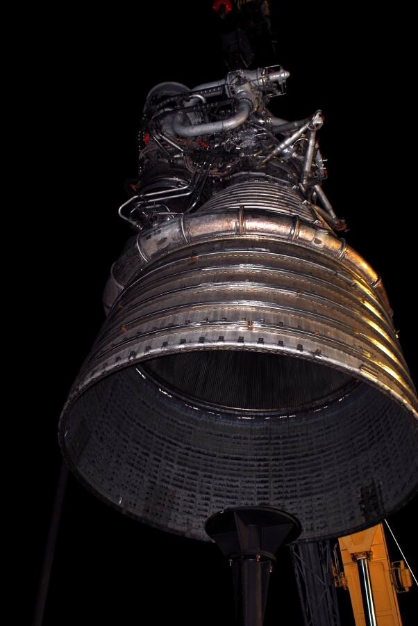 Lifting the F-1 rocket engine off its throat support during F-5036 Fit Test (March 6, 2008) at Marshall Space Flight Center Engine Displays