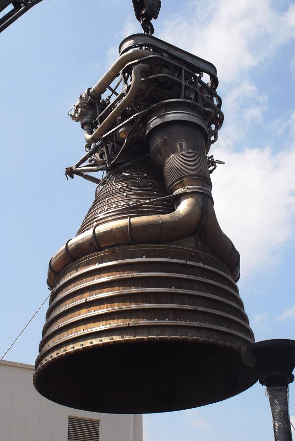 F-1 rocket engine lifted off its throat support during F-5036 Fit Test (April 7, 2008) at Marshall Space Flight Center Engine Displays