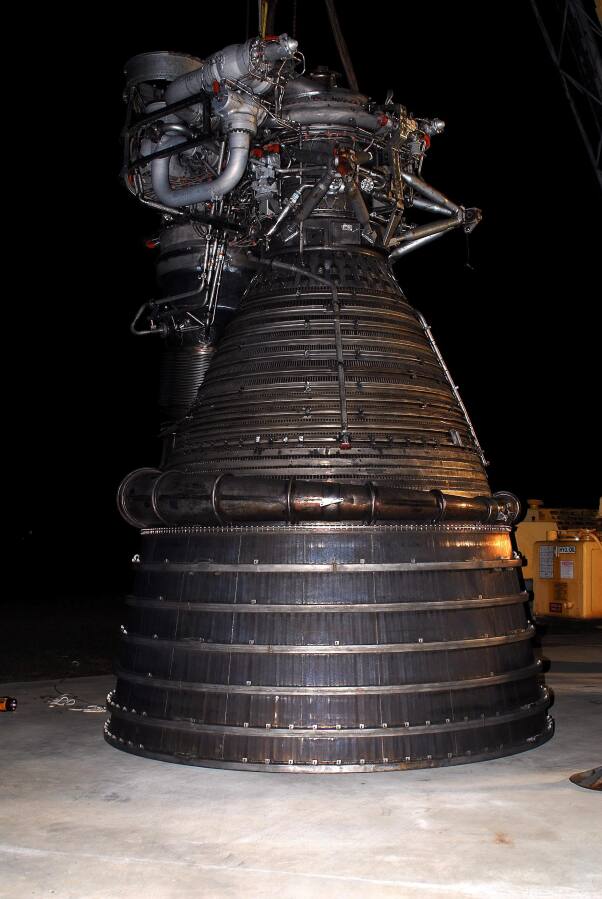 The F-1 rocket engine in its final position during F-4023 Installation at Building 4205 (October 21, 2009) at Marshall Space Flight Center Engine Displays
