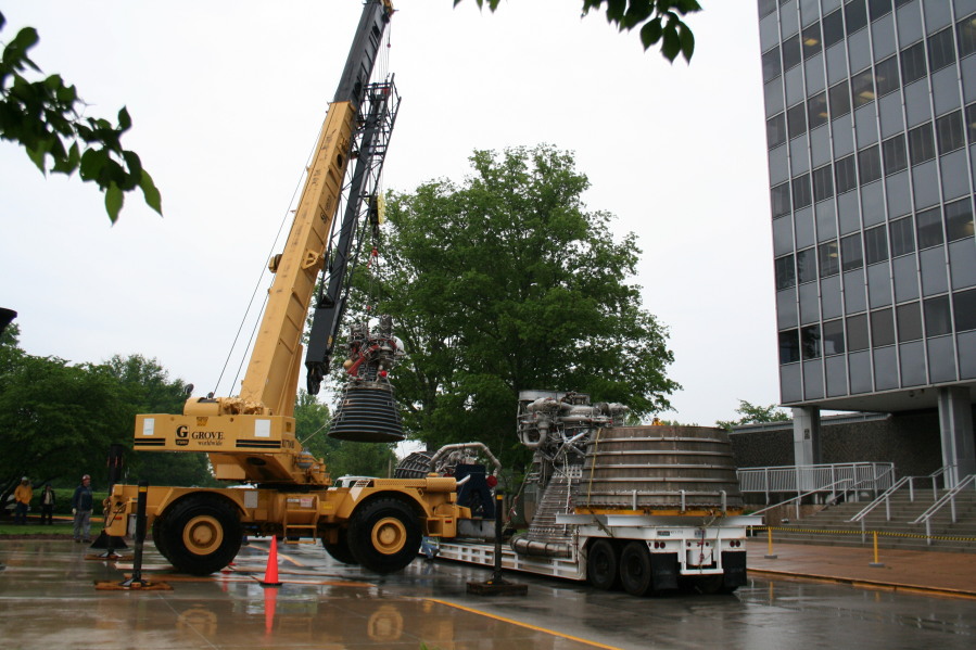 Placing J-2 rocket engine on throat support during Installation of Building 4200 Engines (May 13, 2008) at Marshall Space Flight Center Engine Displays