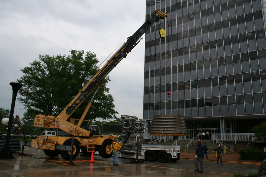 Unloading F-1 rocket engine nozzle extension during Installation of Building 4200 Engines (May 13, 2008) at Marshall Space Flight Center Engine Displays