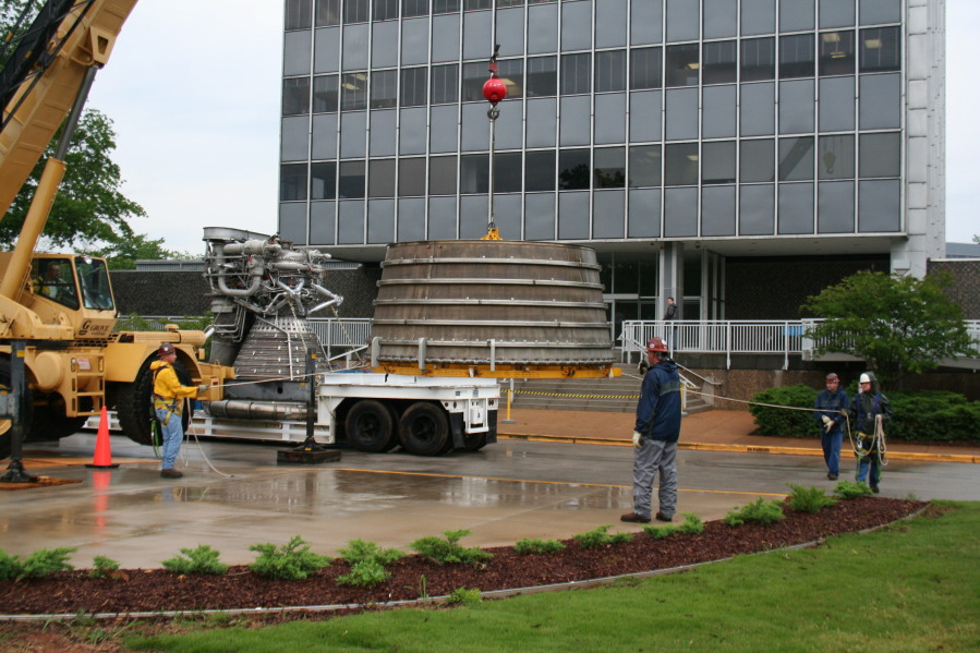 Unloading F-1 rocket engine nozzle extension during Installation of Building 4200 Engines (May 13, 2008) at Marshall Space Flight Center Engine Displays