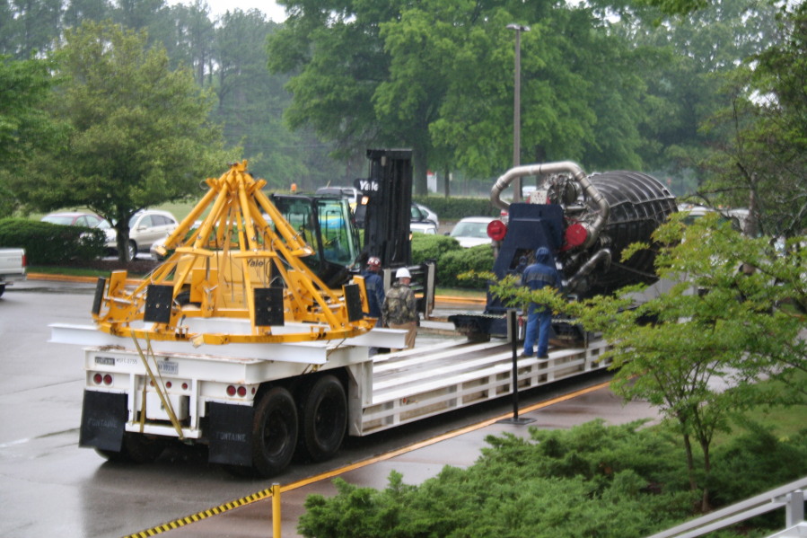 Using a forklift to install Space Shuttle Main Engine (SSME) during Installation of Building 4200 Engines (May 13, 2008) at Marshall Space Flight Center Engine Displays