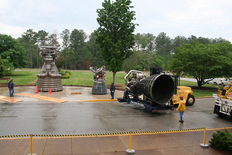 Using a forklift to install Space Shuttle Main Engine (SSME) during Installation of Building 4200 Engines (May 13, 2008) at Marshall Space Flight Center Engine Displays