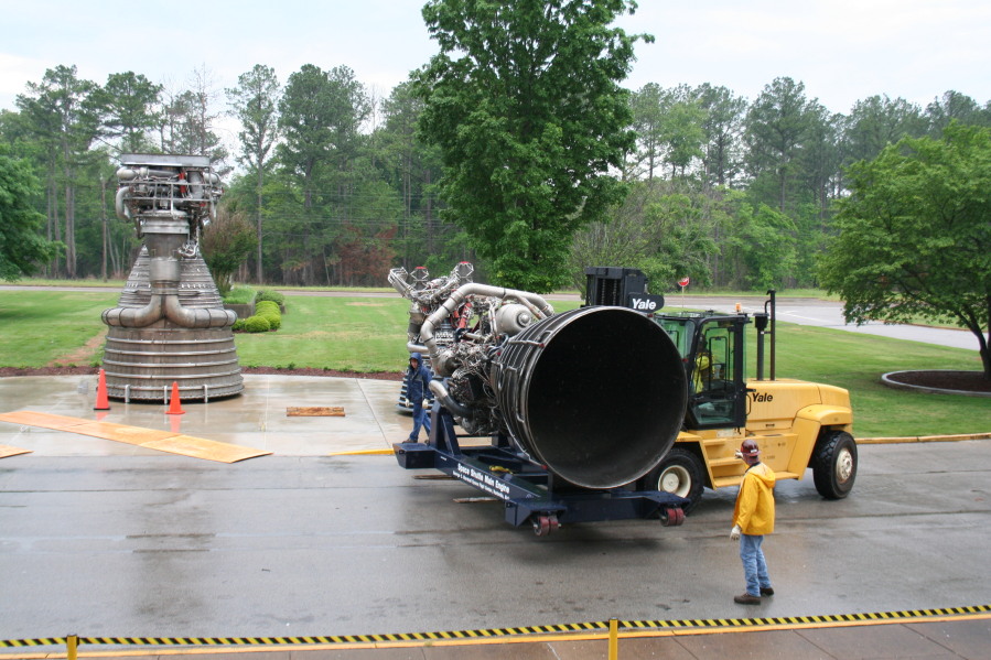Using a forklift to install Space Shuttle Main Engine (SSME) during Installation of Building 4200 Engines (May 13, 2008) at Marshall Space Flight Center Engine Displays