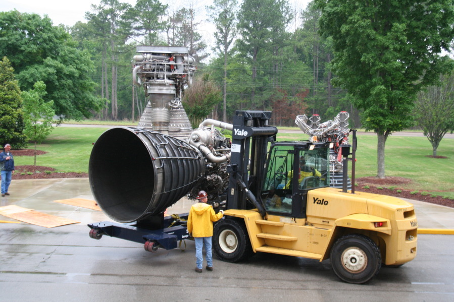Using a forklift to install Space Shuttle Main Engine (SSME) during Installation of Building 4200 Engines (May 13, 2008) at Marshall Space Flight Center Engine Displays