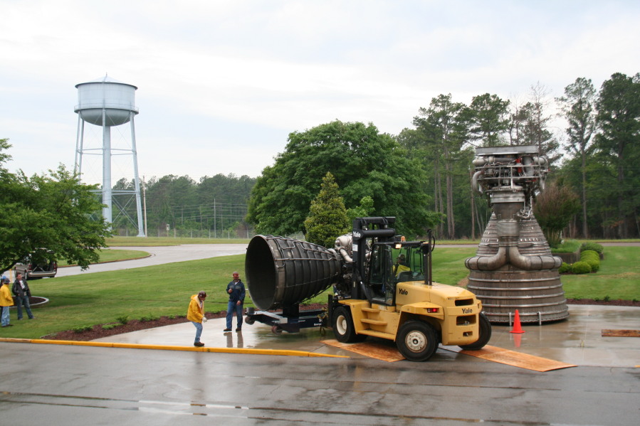Using a forklift to install Space Shuttle Main Engine (SSME) during Installation of Building 4200 Engines (May 13, 2008) at Marshall Space Flight Center Engine Displays