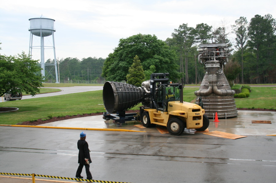 Using a forklift to install Space Shuttle Main Engine (SSME) during Installation of Building 4200 Engines (May 13, 2008) at Marshall Space Flight Center Engine Displays