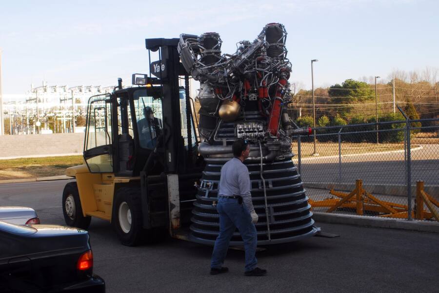 Relocating the J-2 rocket engine to the north end of the lot behind Building 4205 during Building 4200 J-2 Engine Relocation (March 6, 2008) at Marshall Space Flight Center Engine Displays