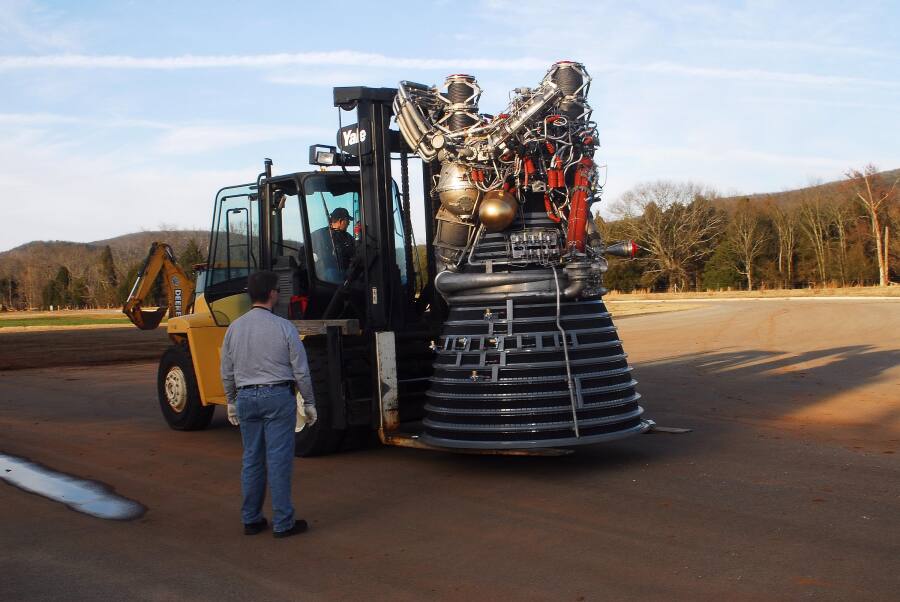 Relocating the J-2 rocket engine to the north end of the lot behind Building 4205 during Building 4200 J-2 Engine Relocation (March 6, 2008) at Marshall Space Flight Center Engine Displays