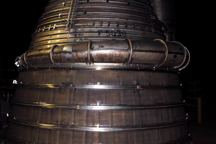 Nozzle extension bolted to the F-1 rocket engine thrust chamber during F-5036 Fit Test (March 6, 2008) at Marshall Space Flight Center Engine Displays