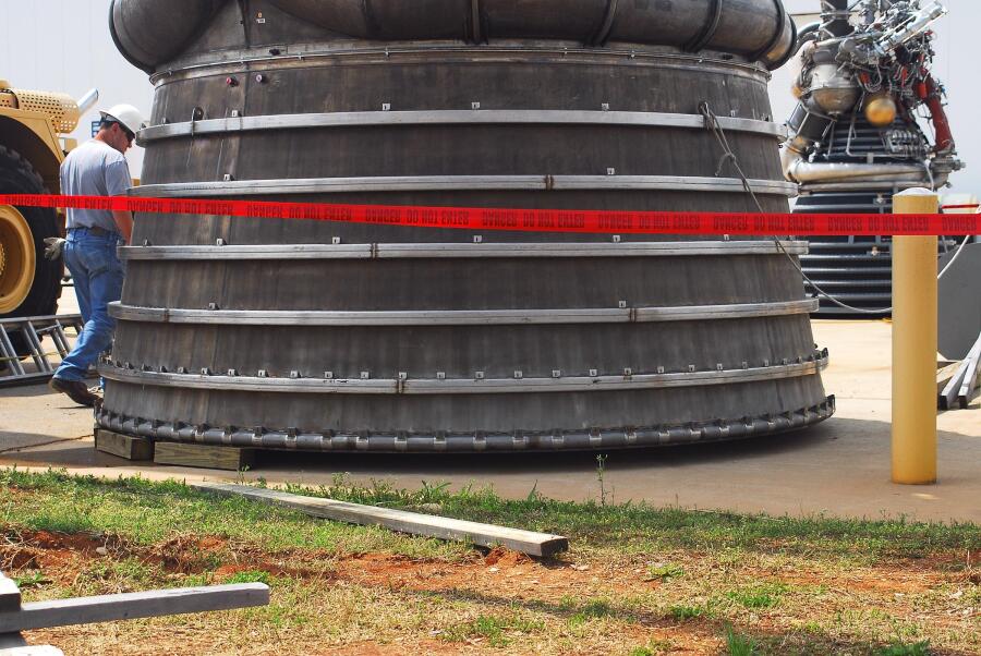 F-1 rocket engine fit test inspection during F-5036 Fit Test (April 7, 2008) at Marshall Space Flight Center Engine Displays
