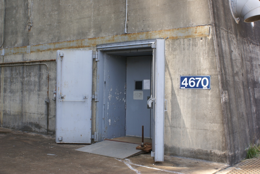 Blast doors in concrete pedestal leg walls on S-IC Test Stand at Marshall Space Flight Center