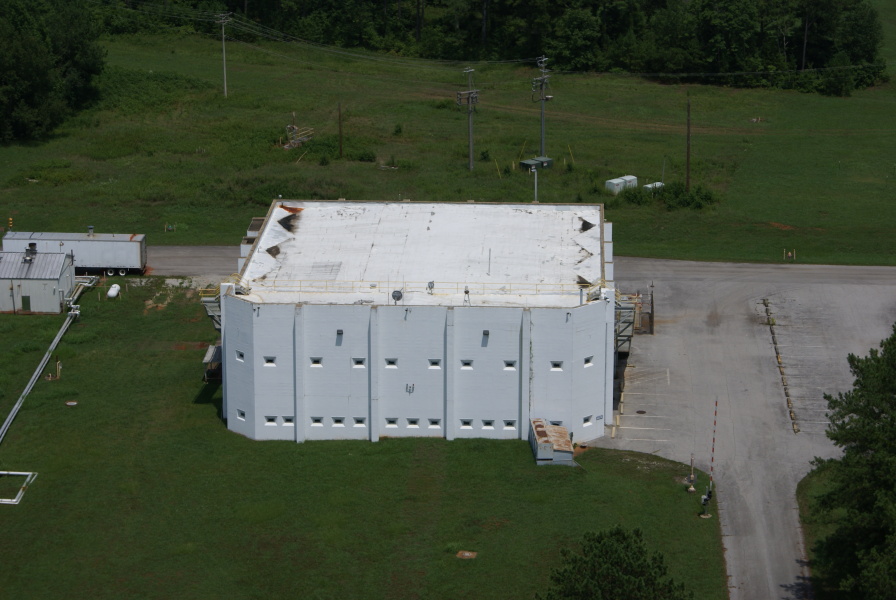 View of West Test Area Control Facility (Blockhouse) from top of S-IC Test Stand at Marshall Space Flight Center