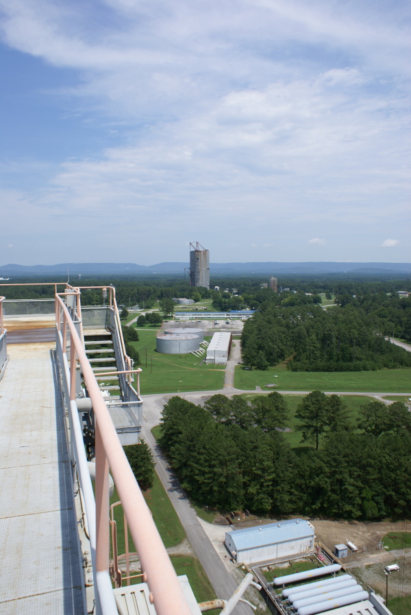 View of pumphouse and Dynamic Test Stand from top of S-IC Test Stand at Marshall Space Flight Center