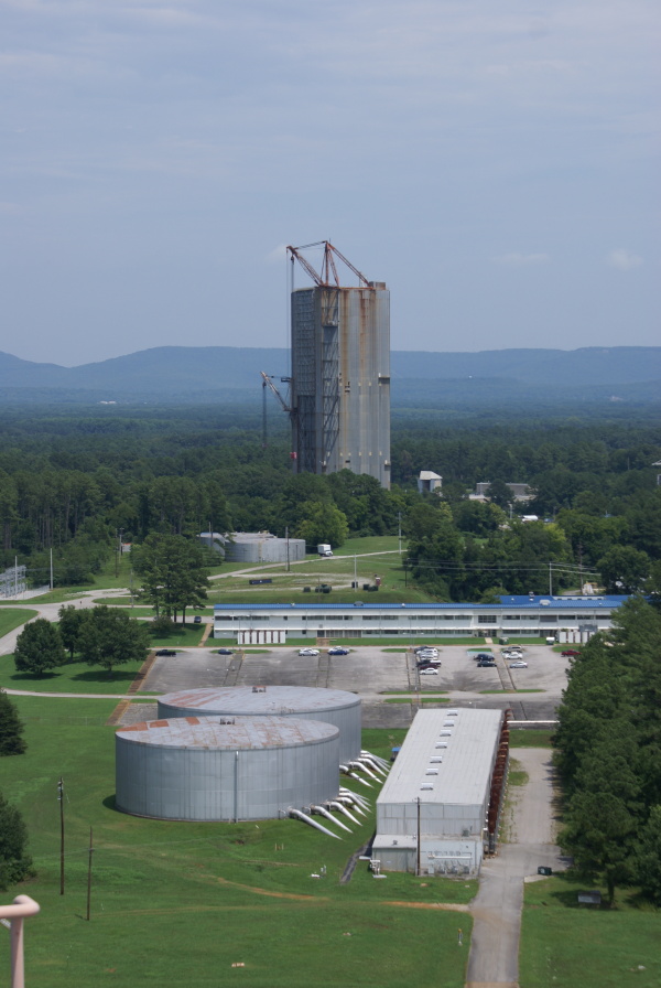 View of pumphouse and Dynamic Test Stand from top of S-IC Test Stand at Marshall Space Flight Center