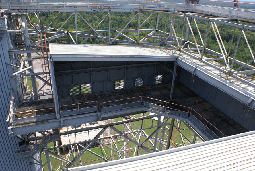 work platforms at the top of the S-IC Test Stand superstructure at Marshall Space Flight Center