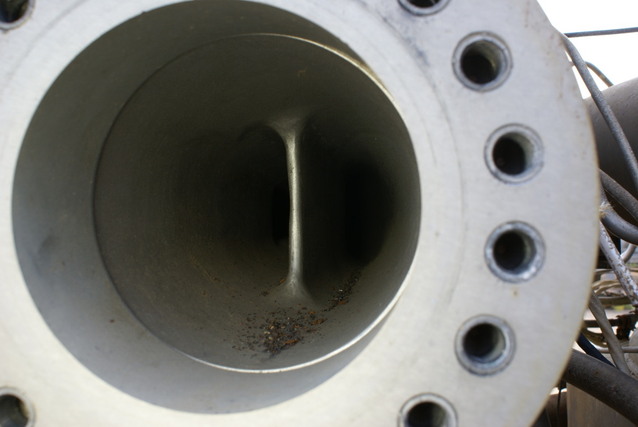 Fuel outlet on F-1 Engine Turbopump from Cold Calibration at Marshall Space Flight Center.