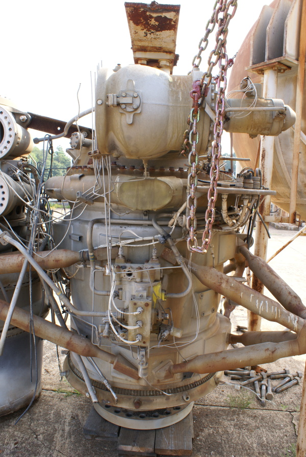 Bobtail thrust chamber, main LOX valve, and fuel inlet manifold on F-1 Engine Turbopump from Cold Calibration and Marshall Space Flight Center