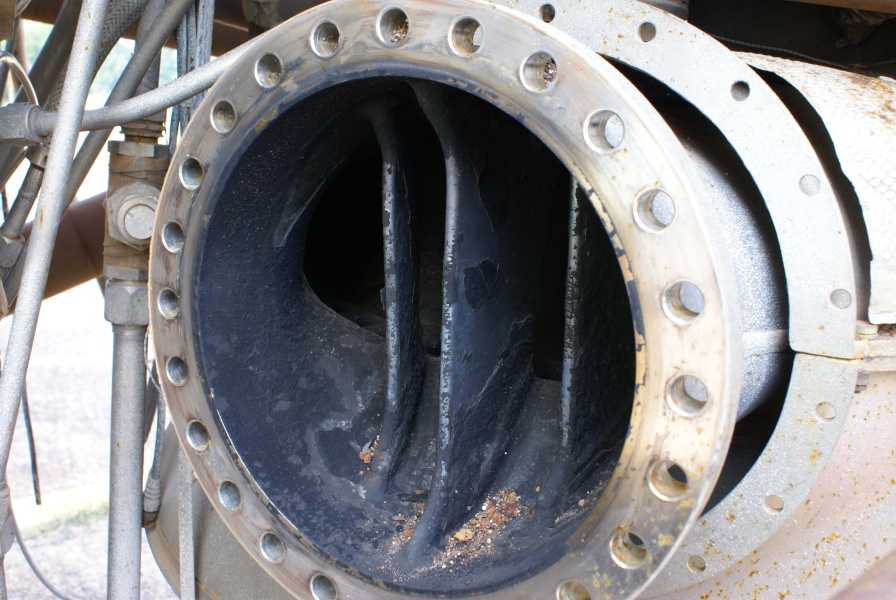 Gas generator/turbine inlet on turbine manifold assembly on F-1 Engine Turbopump from Cold Calibration at Marshall Space Flight Center