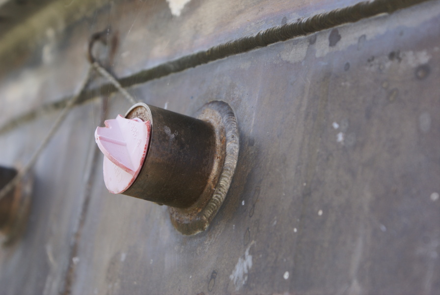 Pyrotechnic igniter bosses on F-1 Nozzle Extension F-6045 at Marshall Space Flight Center