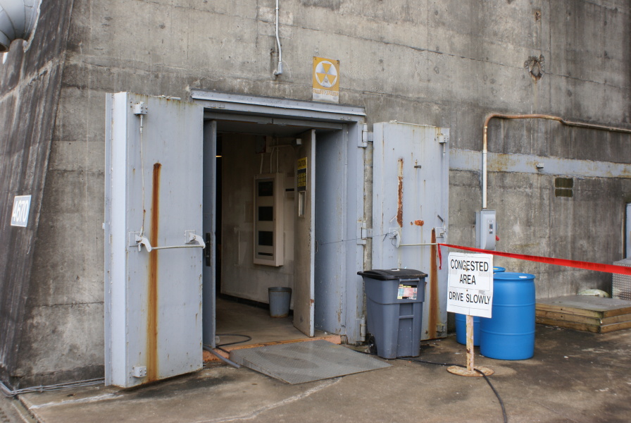 Blast doors in concrete pedestal leg walls on S-IC Test Stand at Marshall Space Flight Center