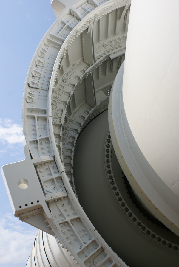 Shuttle Solid Rocket Booster (SRB) aft skirt interior, case aft bulkhead, and hold-down post at Marshall Space Flight Center