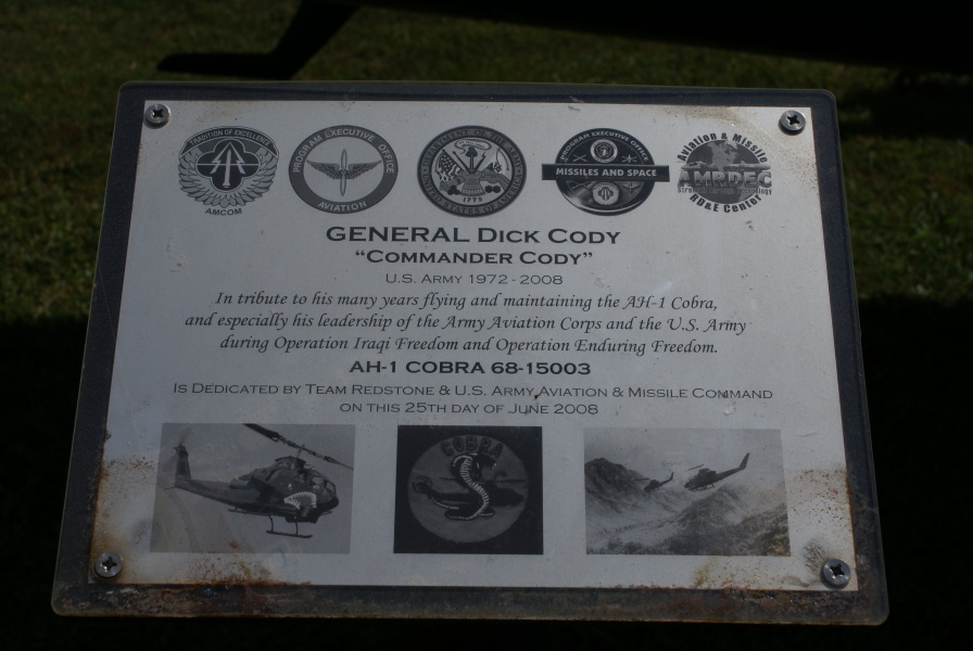 Sign by Bell AH-1 Cobra by Army Aviation and Missile Command AMCOM on Redstone Arsenal
