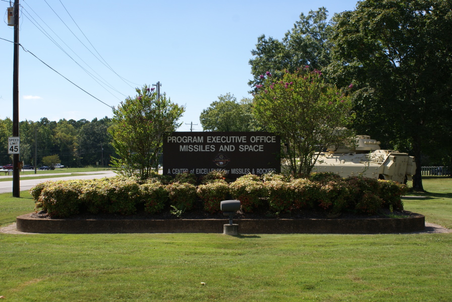 The sign outside Program Executive Office PEO - Missiles and Space on Redstone Arsenal