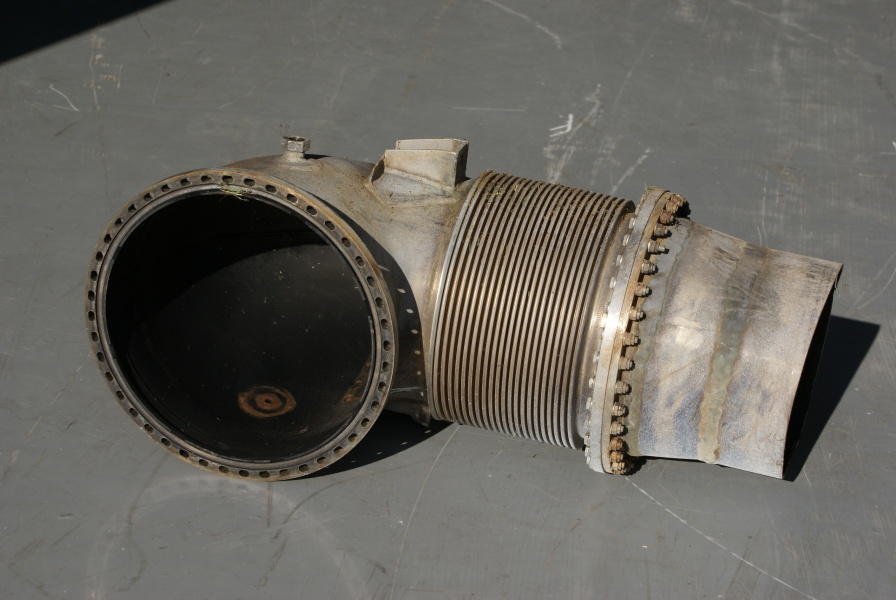 Turbine exhaust hood from the H-1 Engine Turbopump from Cold Calibration (Post Dismantling) at Marshall Space Flight Center.