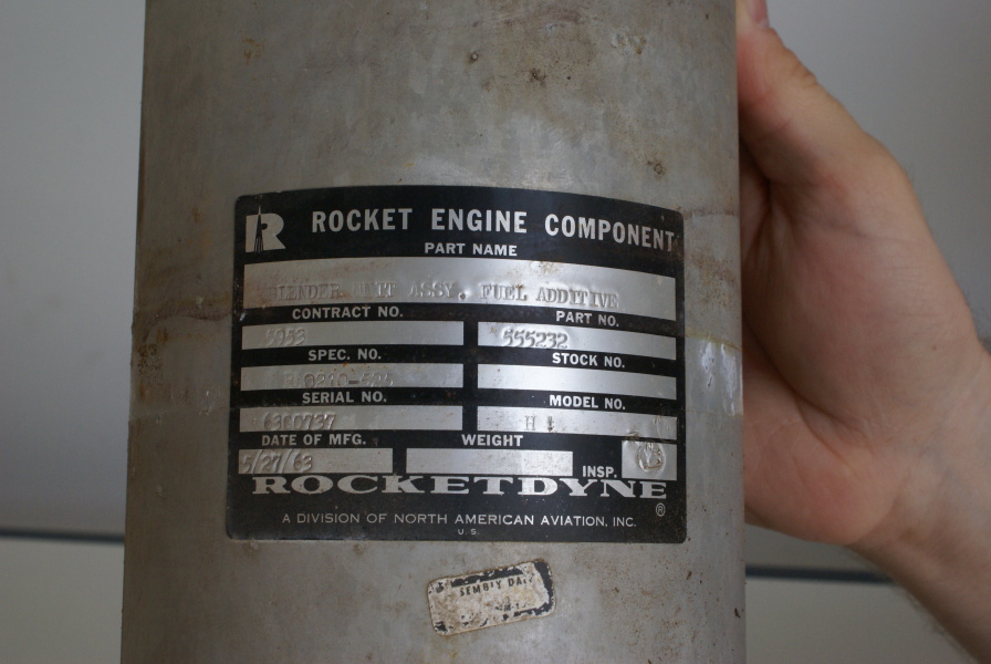 ID plate on fuel additive blender unit (FABU) from H-1 Engine Turbopump from Cold Calibration (Post Dismantling) at Marshall Space Flight Center.