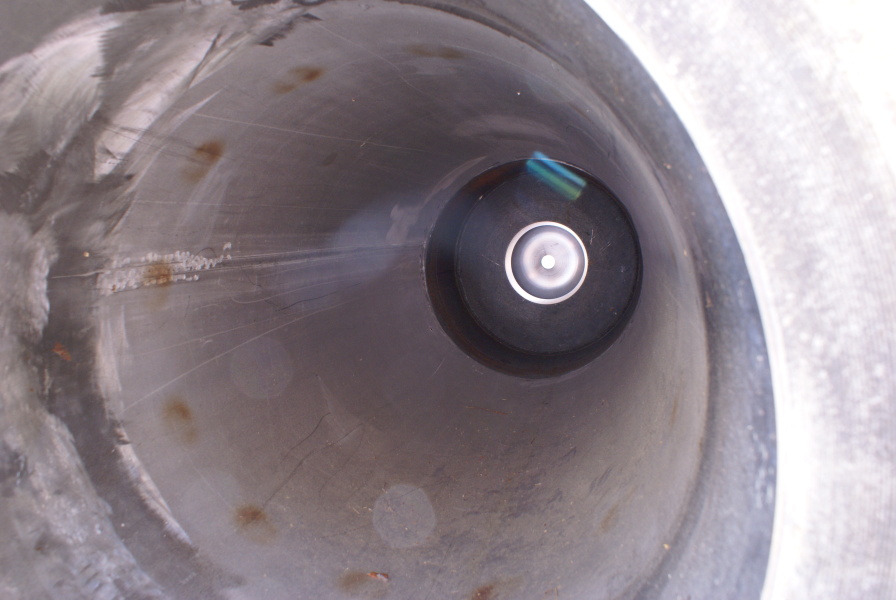 Large pipe at center of bobtail thrust chamber on F-1 Engine Turbopump from Cold Calibration at Marshall Space Flight Center