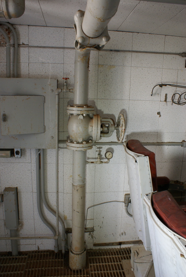 Pipe and valve controlling the water quench system on the S-IC Test Stand Observation Bunker at Marshall Space Flight Center