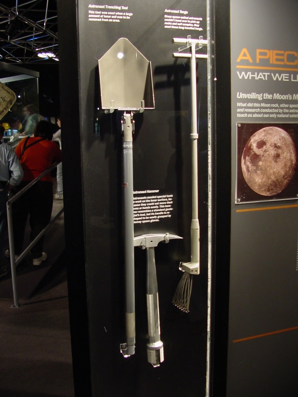 Astronaut trenching tool, astronaut hammer, and astronaut tongs at Museum of Science & Industry