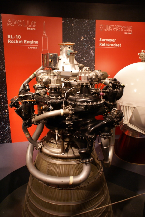 Forward end of the RL-10 Engine, including the turbopumps, at the Museum of Science & Industry.