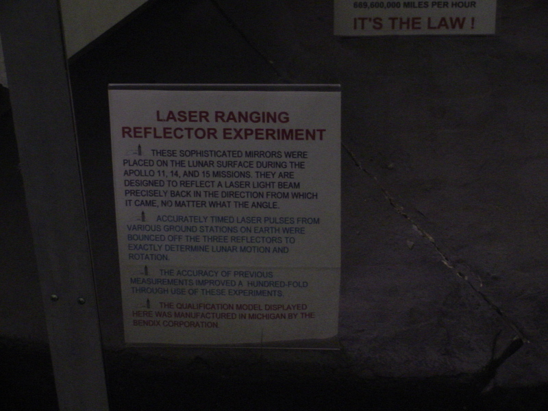 Sign accompanying the Laser Ranging Retroreflector Experiment in the Apollo Lunar Surface Experiments Package (ALSEP) display at Michigan Space and Science Center