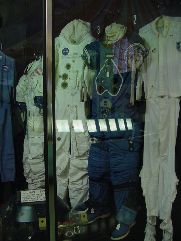 Al Bean's ASTP backup commander A7l suit, Ken Mattingly's Apollo 13 pressure garment assembly (PGA) and integrated thermal and micrometeoroid garment (ITMG), and Young's Apollo 10 Inflight Coverall Garment at Michigan Space and Science Center.