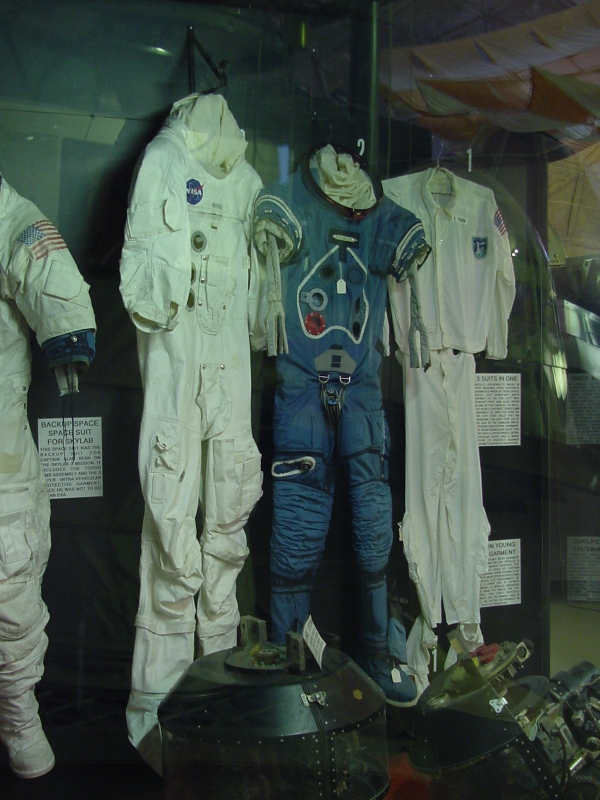 Ken Mattingly's Apollo 13 pressure garment assembly (PGA) and integrated thermal and micrometeoroid garment (ITMG) and Young's Apollo 10 Inflight Coverall Garment at Michigan Space and Science Center.