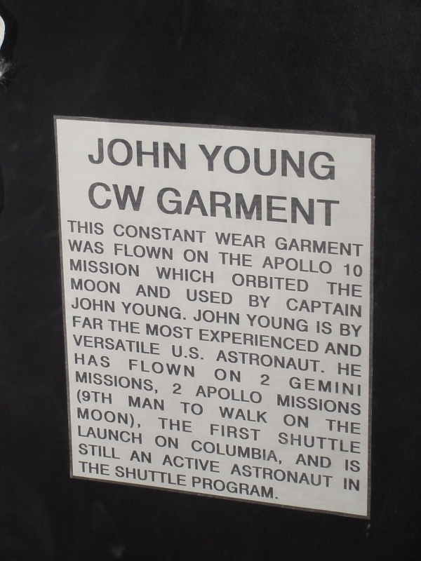 Sign accompanying Young's Apollo 10 Inflight Coverall Garment at Michigan Space and Science Center
