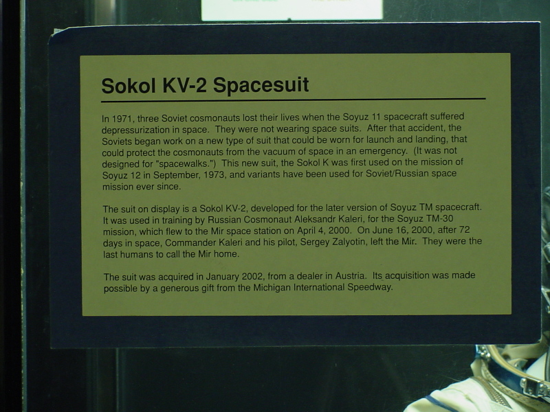 Sign accompanying Kaleri's Soyuz TM-30 Sokol Suit at Michigan Space and Science Center