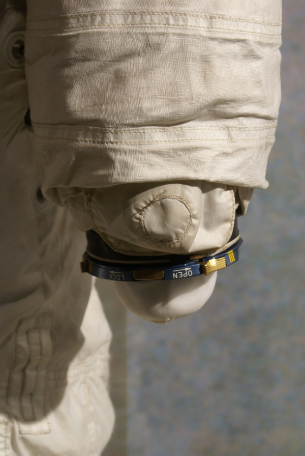 End of Armstrong's Apollo 11 Backup Suit left arm, including pressure relief valve and wrist ring at Neil Armstrong Air & Space