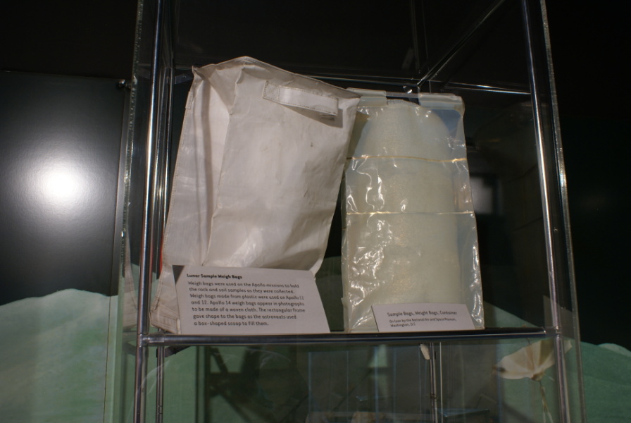 Lunar sample weigh bag and sample bags in Apollo Lunar Sample Equipment display at Neil Armstrong Air & Space