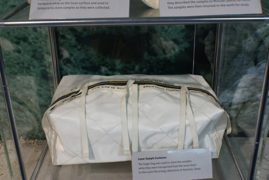 Apollo lunar sample container decontamination bag in Apollo Lunar Sample Equipment display at Neil Armstrong Air & Space