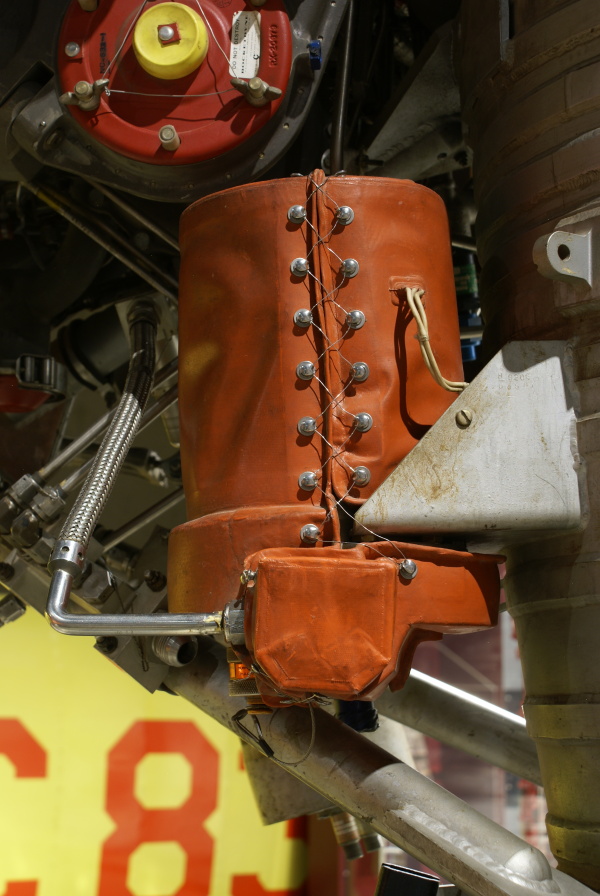 Fuel additive blender unit, including red heater assembly, on the H-1 Engine at Neil Armstrong Air & Space