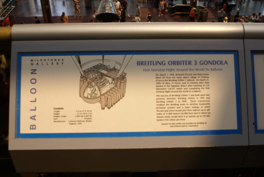 Breitling Orbiter 3 Gondola sign in the Milestones of Flight gallery at the National Air & Space Museum