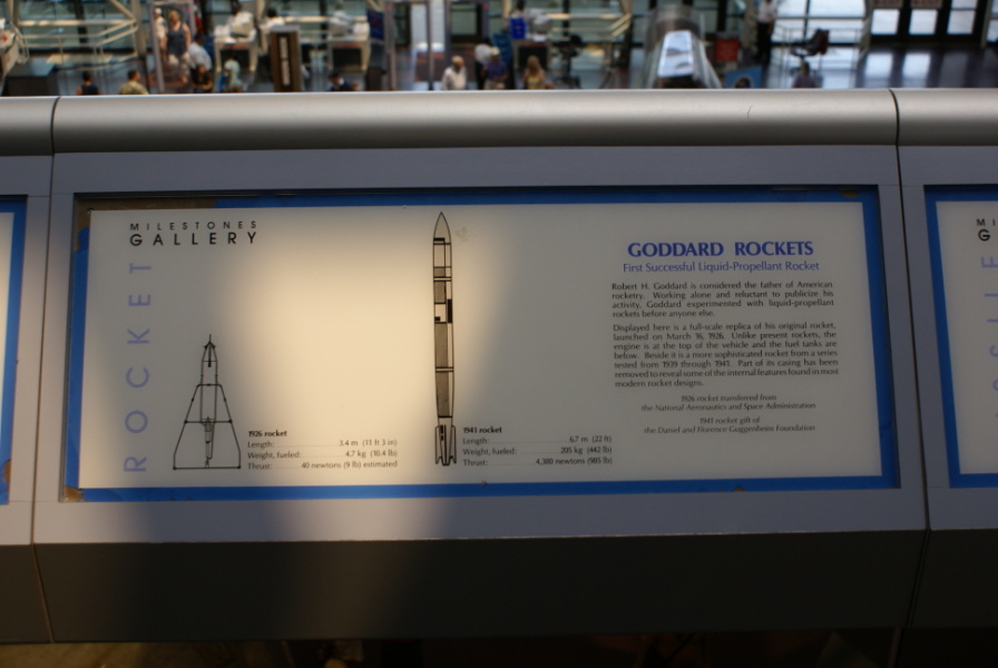 Goddard 1926 and 1941 rockets sign in the Milestones of Flight gallery at the National Air & Space Museum